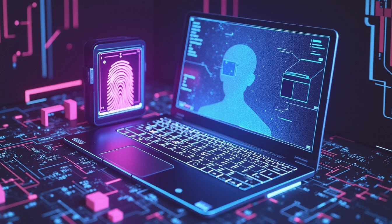 Futuristic AI-driven interface with neon glows analyzing fraudulent profiles in online dating, featuring a holographic fingerprint scanner.