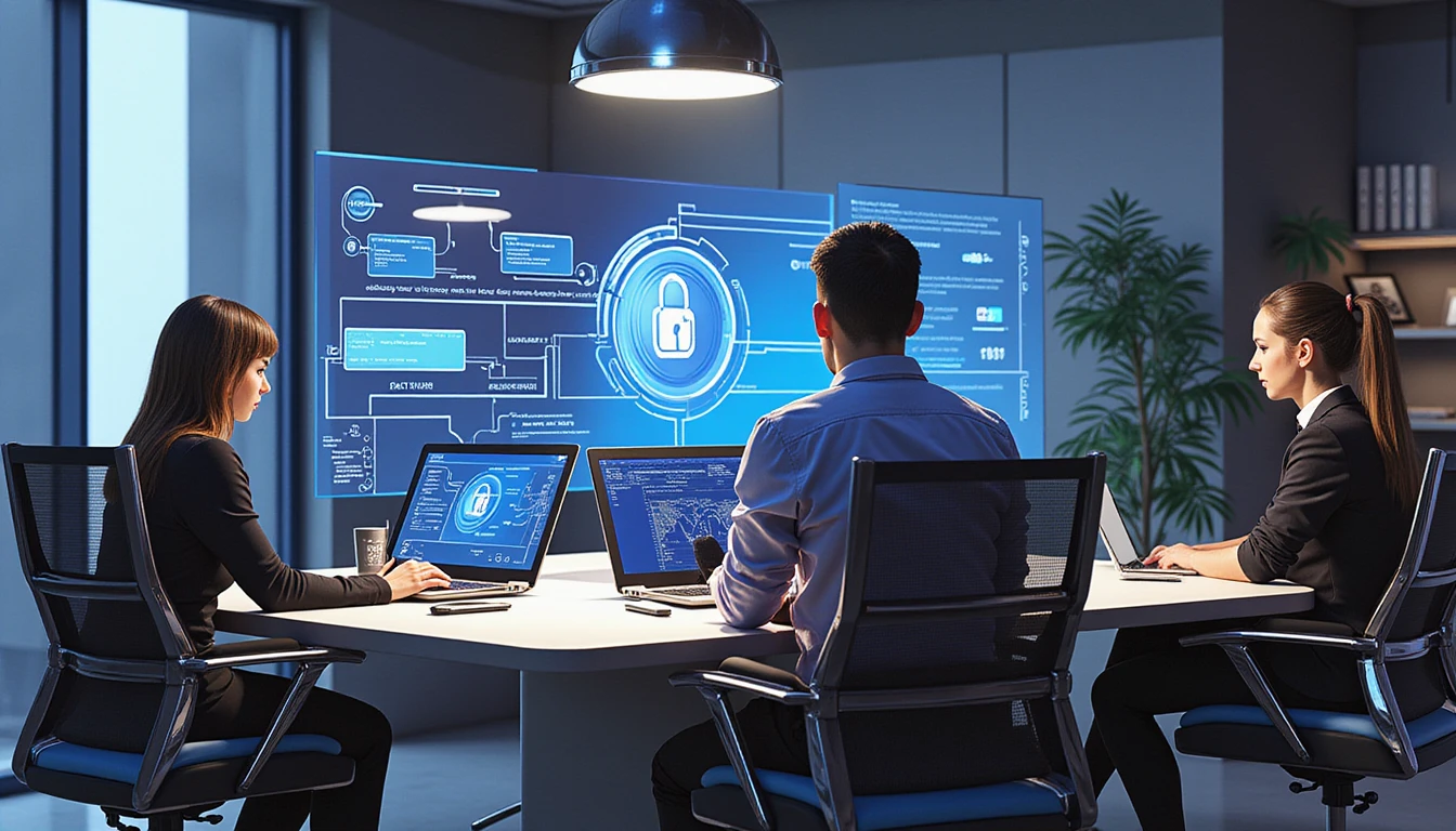 Futuristic office with professionals using holographic interfaces to analyze data streams, emphasizing security, trust, and fraud detection.