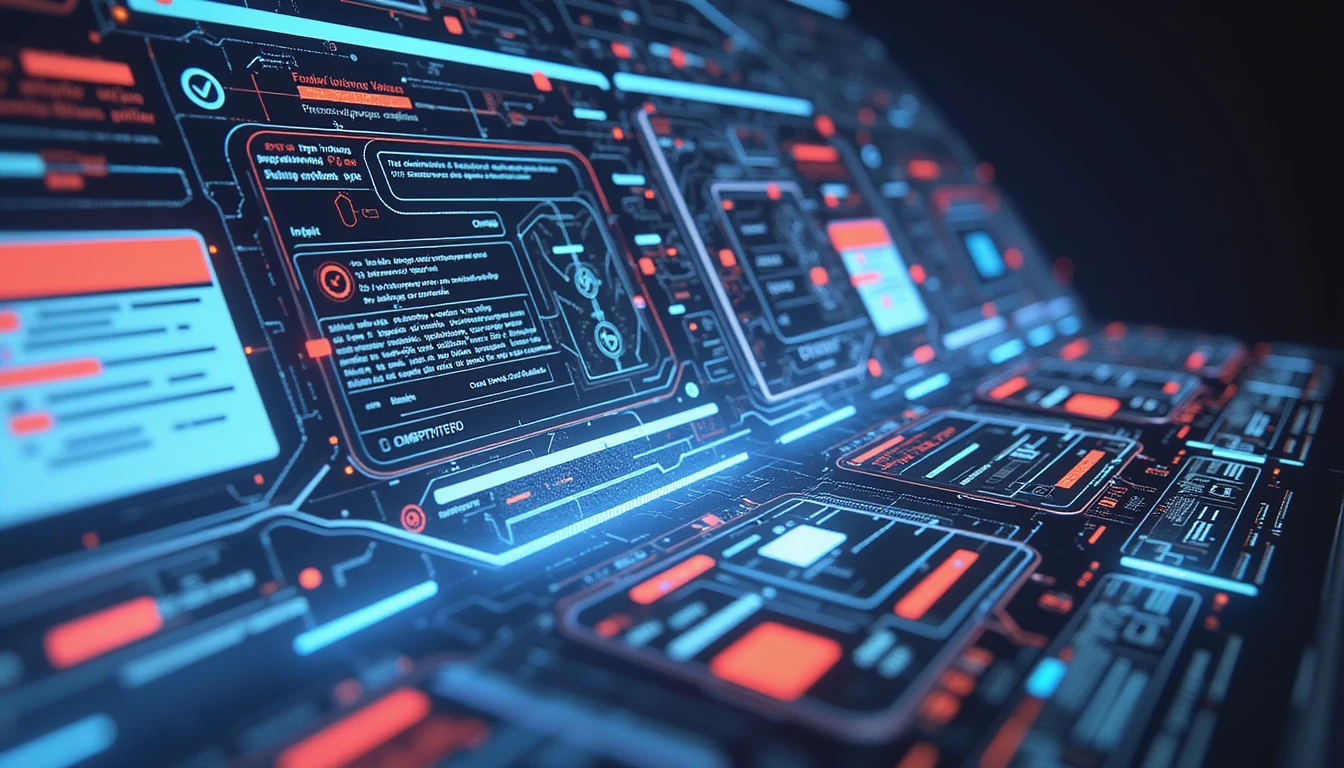 Futuristic digital interface with holographic overlays and AI-driven analysis scanning documents for fraud detection in insurance.