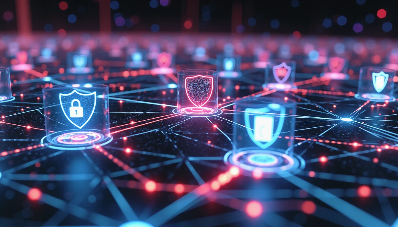 Leuchtendes digitales Netzwerk, das KI-gesteuerte Sicherheit und Innovation im Versicherungswesen veranschaulicht, mit Schutzschilden zur Verhinderung von Betrug und dynamischen Energieflüssen.