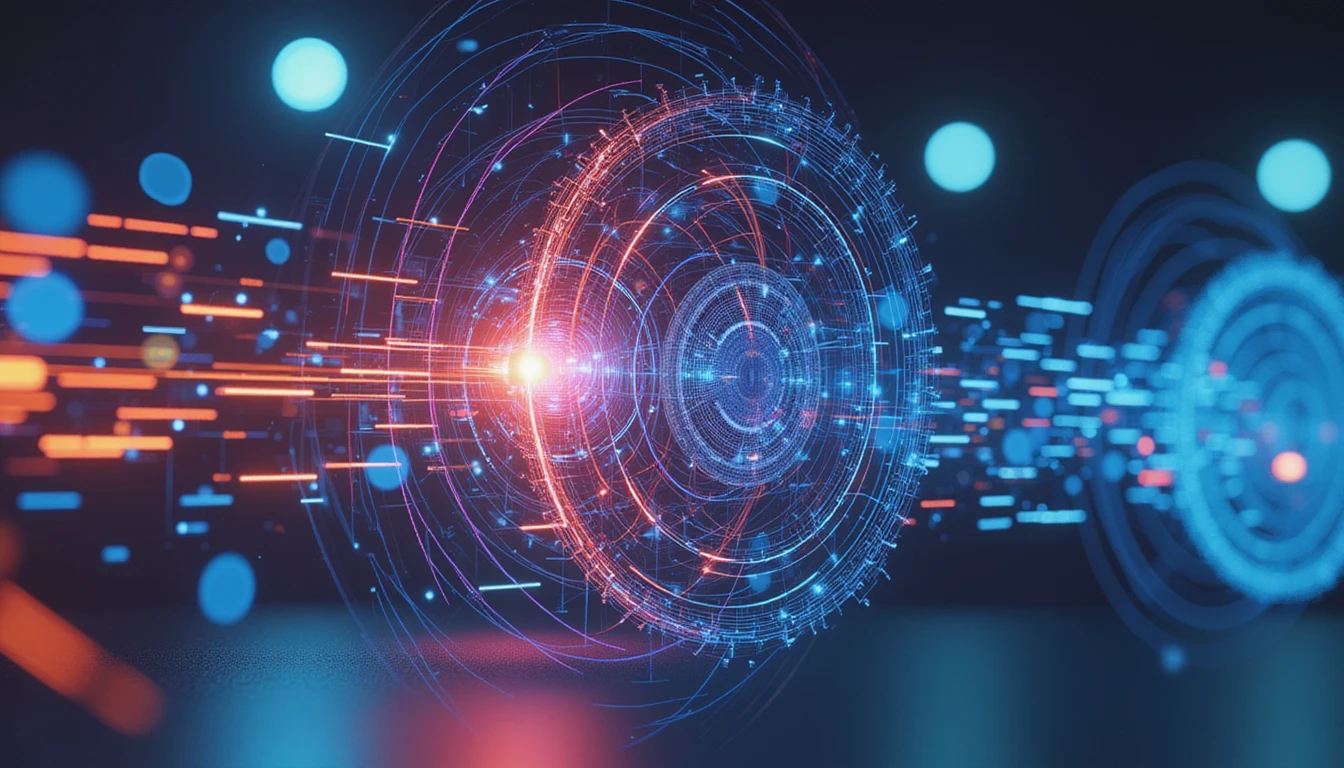 Futuristisches abstraktes Design, das Innovationen im Bereich Versicherungssicherheit mit neonbeleuchteten Betrugserkennungssystemen, neuronalen Netzwerken und holografischer Technologie präsentiert.