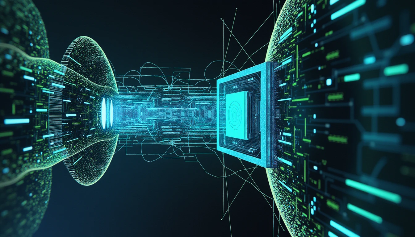 Futuristic depiction of secure digital image verification in insurance with glowing neural networks, scanners, and metadata layers.