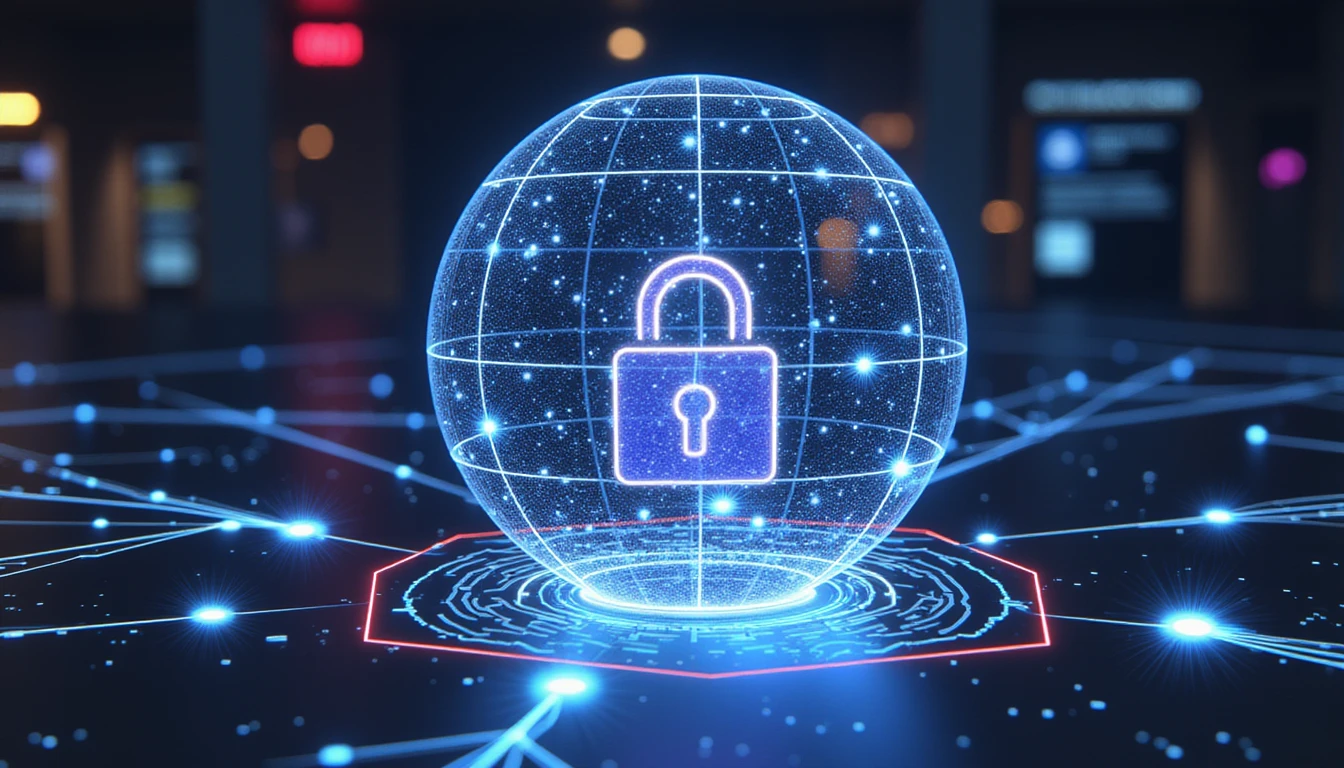 Leuchtende digitale Kugel mit miteinander verbundenen Knoten, die die Cybersicherheit im Versicherungswesen symbolisieren, überlagert mit biometrischen und KI-gesteuerten Verifizierungselementen.