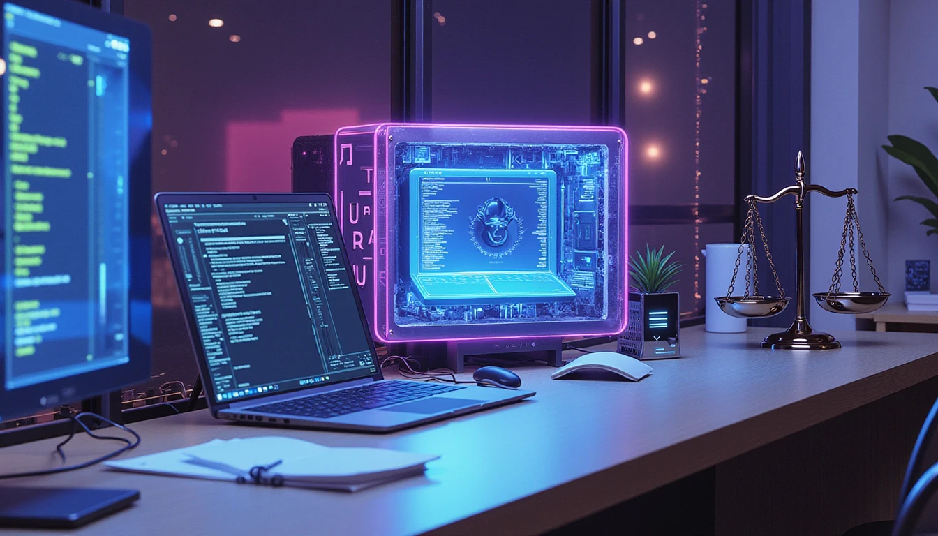 Modern insurance office at night with blue and purple neon lighting, blending holographic tech elements, legal balance, and secure digital vault.