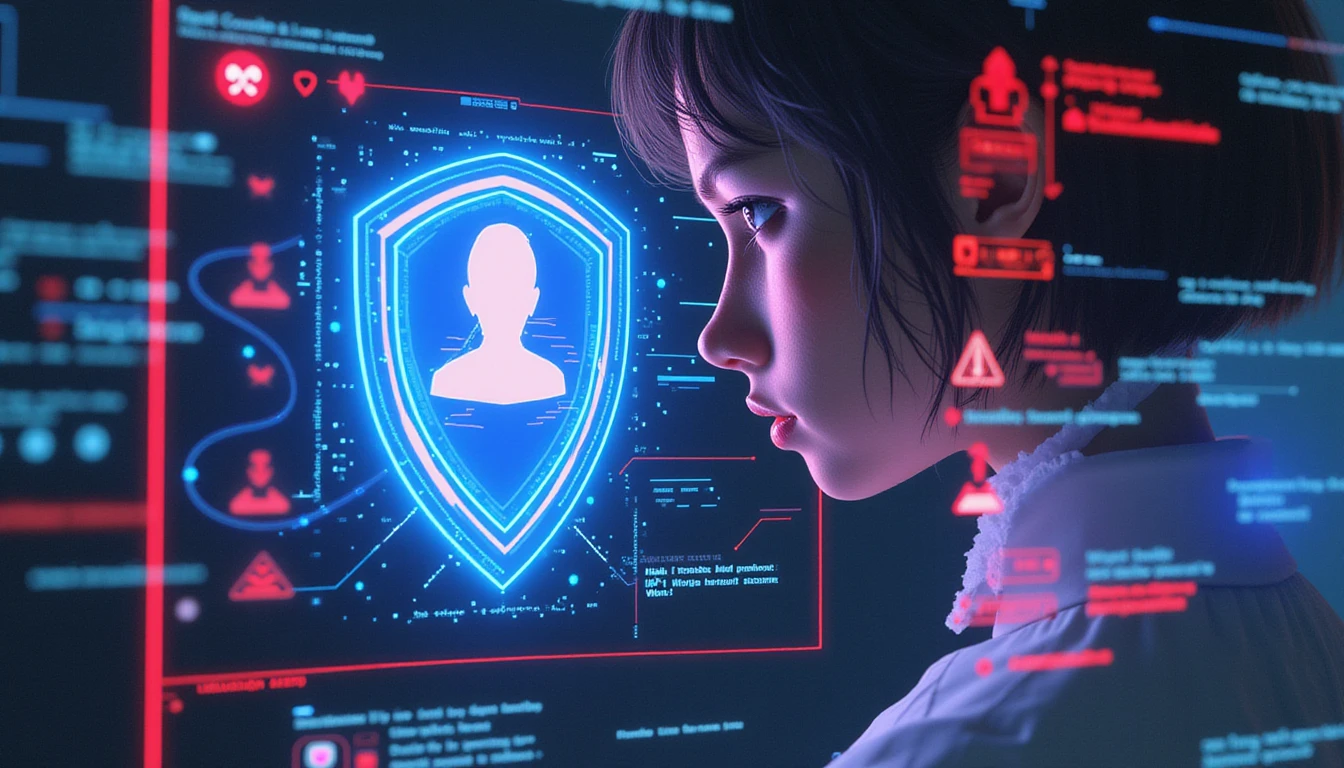 Futuristic AI-powered shield scanning a holographic dating profile, detecting fraud with red alerts amid a cyber-security themed background.