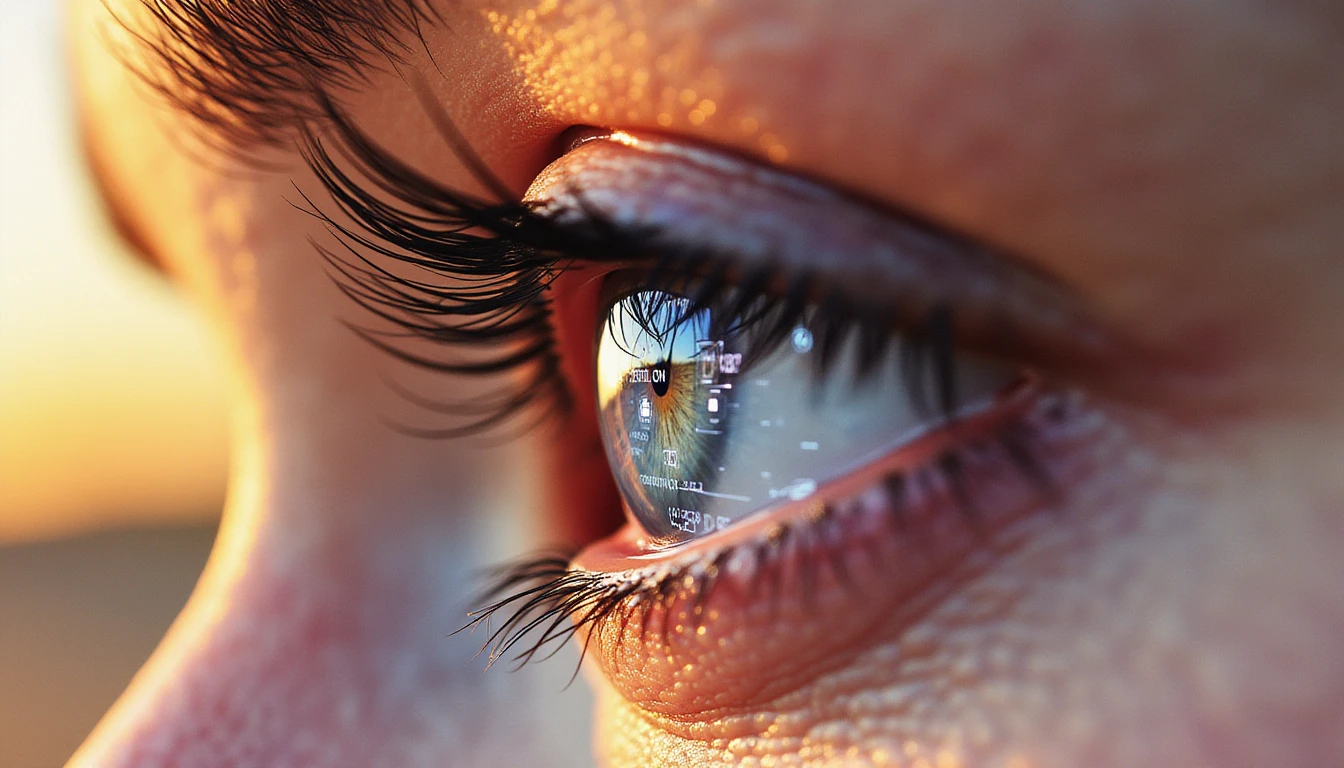 Macro shot of an eye reflecting holographic AI data and facial recognition grids, symbolizing deepfake detection in dating apps.