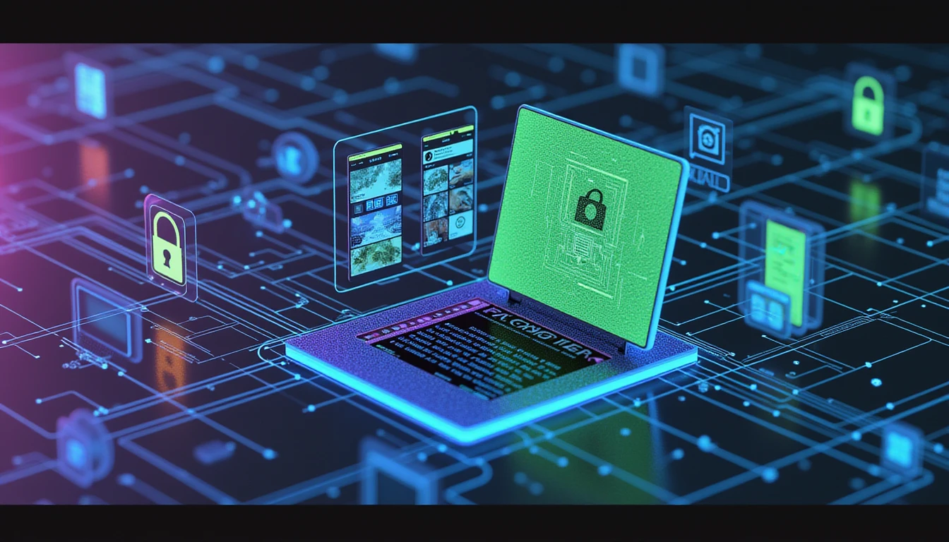 Futuristic concept art of AI-powered fraud detection for insurance, with neon geometric data streams, a fraud scanner, and a tech grid backdrop.