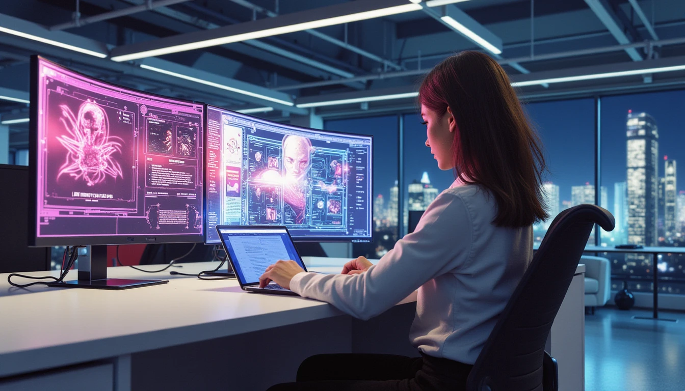 Futuristisches Versicherungsbüro mit einer leuchtenden High-Tech-Betrugserkennungsoberfläche, die ein digitales Bild analysiert, umrahmt von einer modernen Stadtsilhouette.