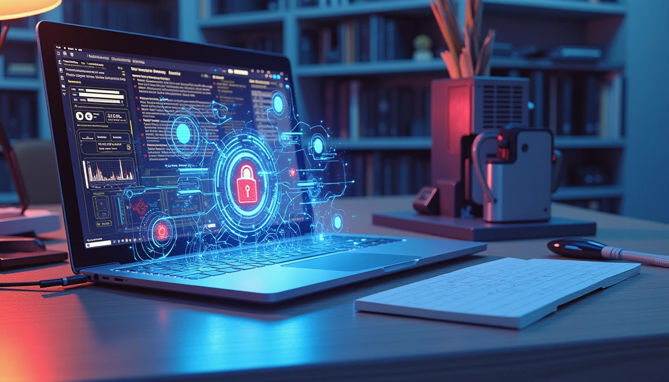 Futuristic insurance workspace with neon-lit AI interface analyzing data streams, holographic security diagram, and advanced analytics tools.