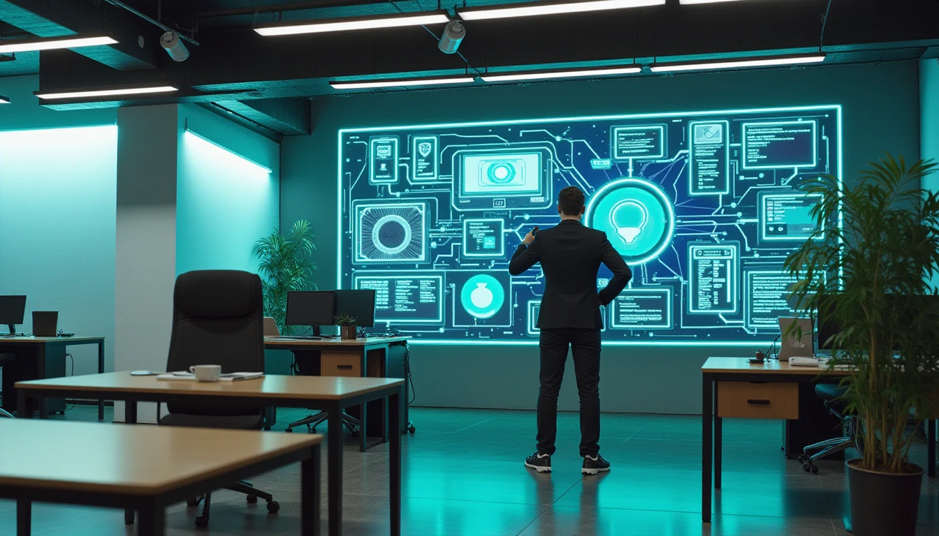 A futuristic office with neon lighting, showcasing an insurance professional using AI tools and a glowing diagram of fraud detection technology.