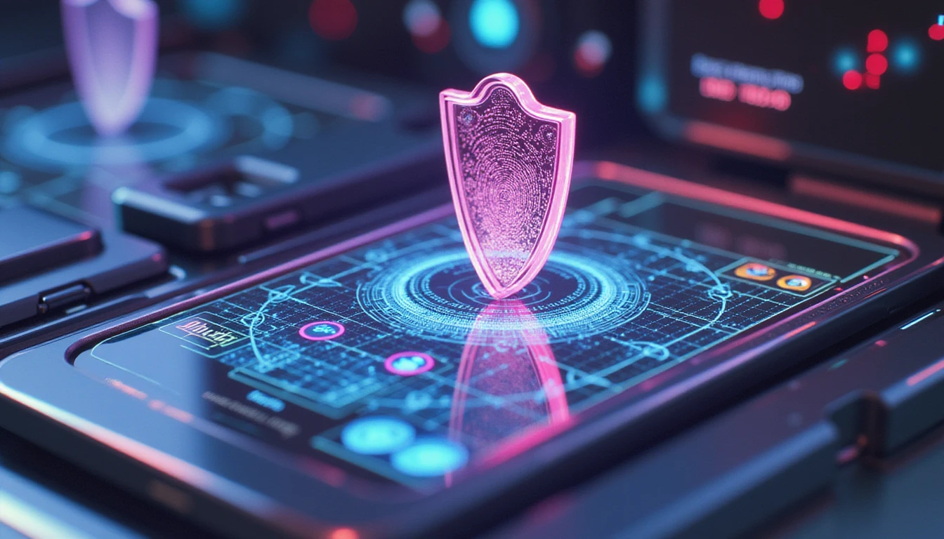 Futuristic digital security interface with neon shield icons, biometric authentication, and AI-powered fraud detection in online dating apps.