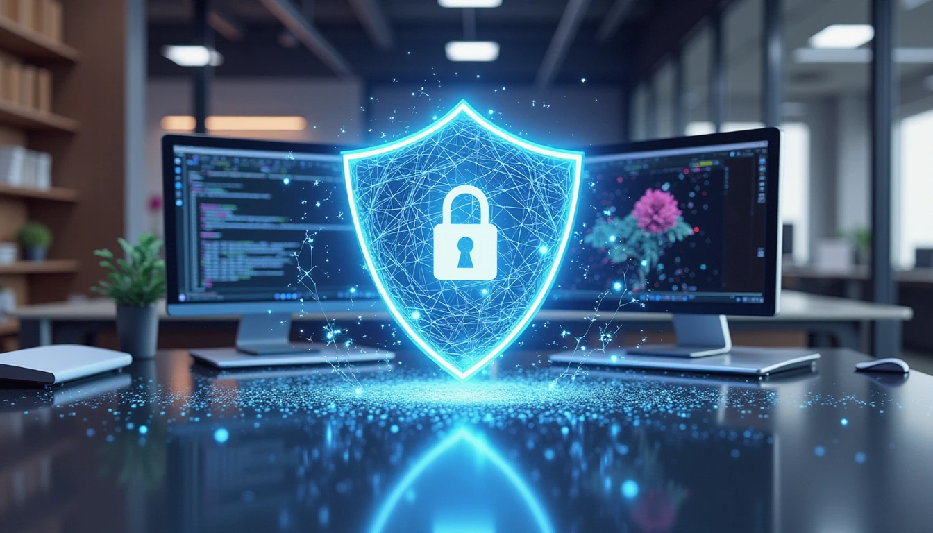 Futuristic office with a glowing holographic shield symbolizing digital security, data streams, and compliance in an insurance setting.