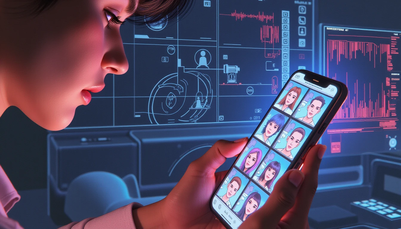 Eine Person nutzt eine Dating-App auf einem neonbeleuchteten Smartphone und zeigt sich besorgt, als KI-Technologie anhand fehlerhafter Gesichter und Sicherheitsmuster digitalen Betrug erkennt.