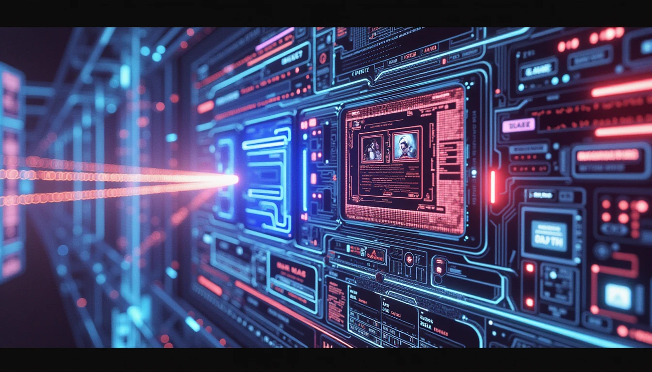 Futuristisches KI-System analysiert Online-Dating-Profile auf Authentizität, mit leuchtender Neon-Oberfläche, Datenfluss und Betrugserkennungs-Visuals.