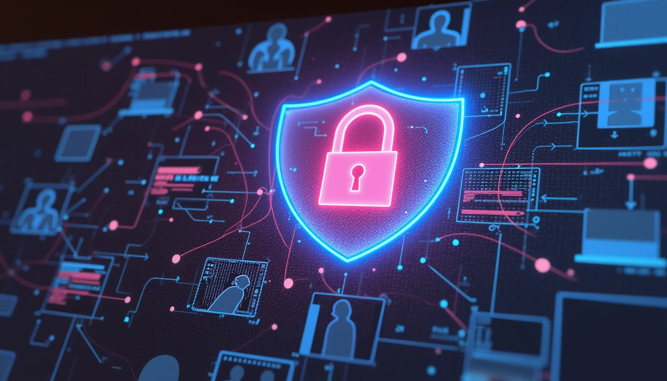 Neon-leuchtendes Schild überlagert Benutzersilhouetten und symbolisiert KI-gesteuerte Betrugsprävention im Online-Dating mit Gesichtserkennung und Metadatenebenen.