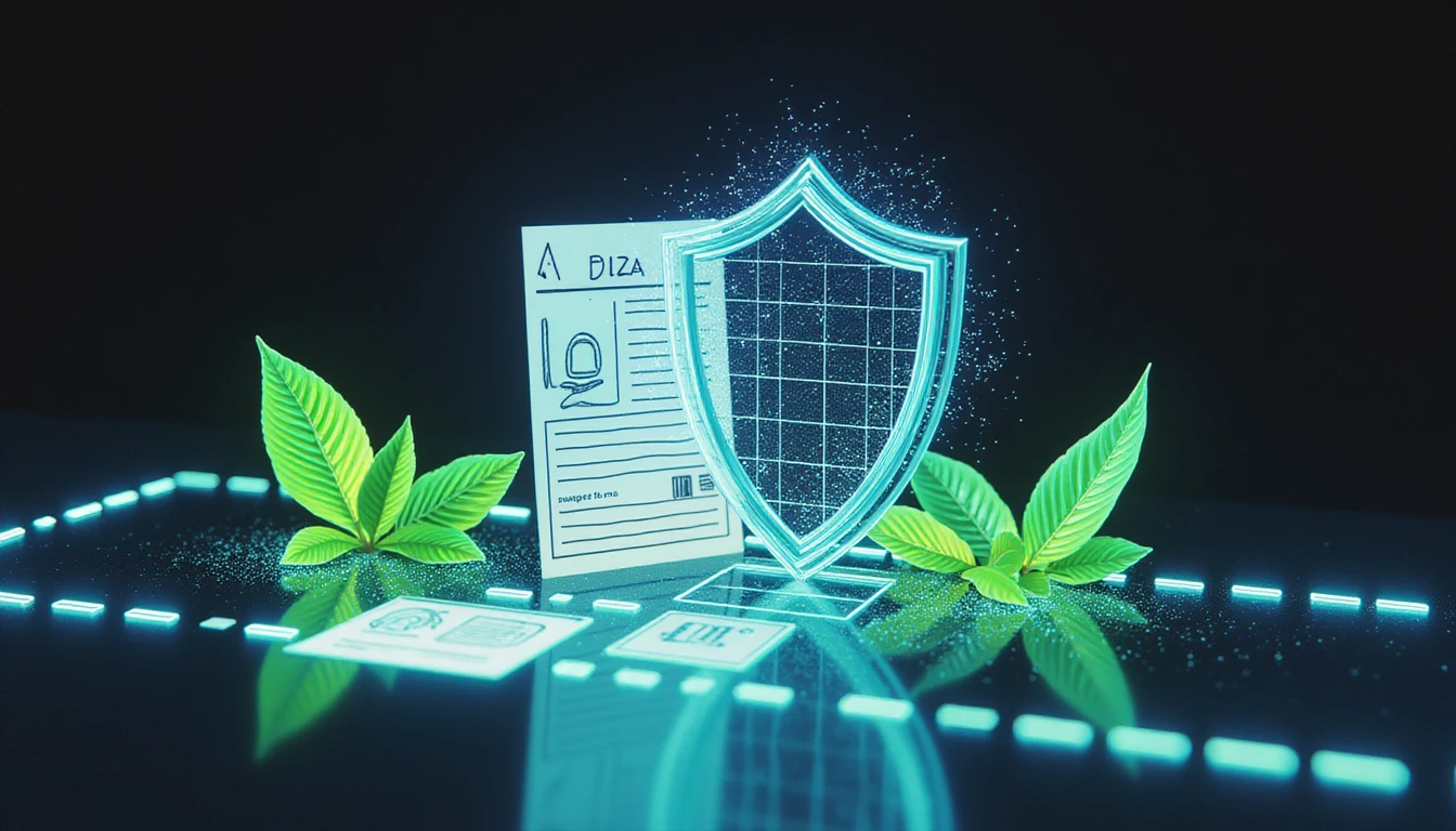 Futuristic AI shield emblem symbolizing secure, sustainable insurance, blending digital security, fraud detection, and eco-friendly elements.