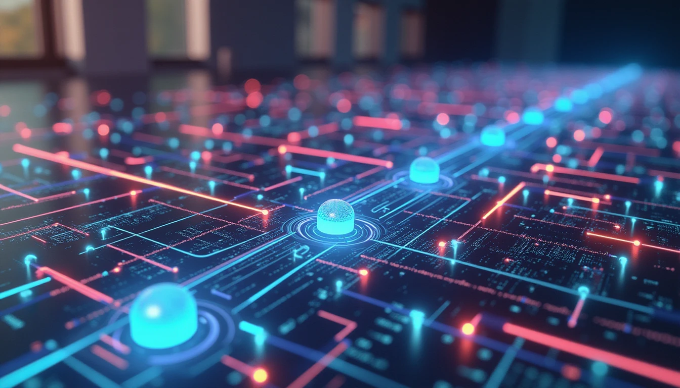 Futuristisches digitales Netzwerk mit leuchtenden Neonfäden, API-Integration im Versicherungsbereich, erweiterte Analysen, Betrugserkennung und Cybersicherheit.