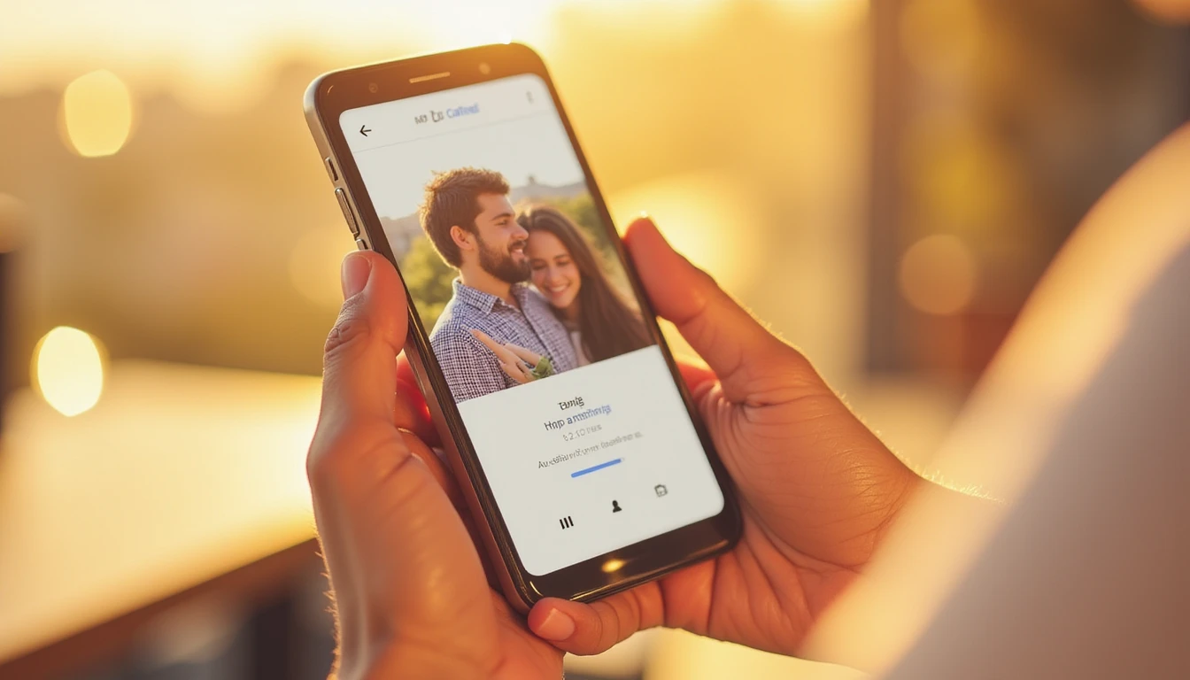 Close-up of a hand holding a smartphone displaying a slightly distorted dating profile, highlighting online dating deception and catfish awareness.