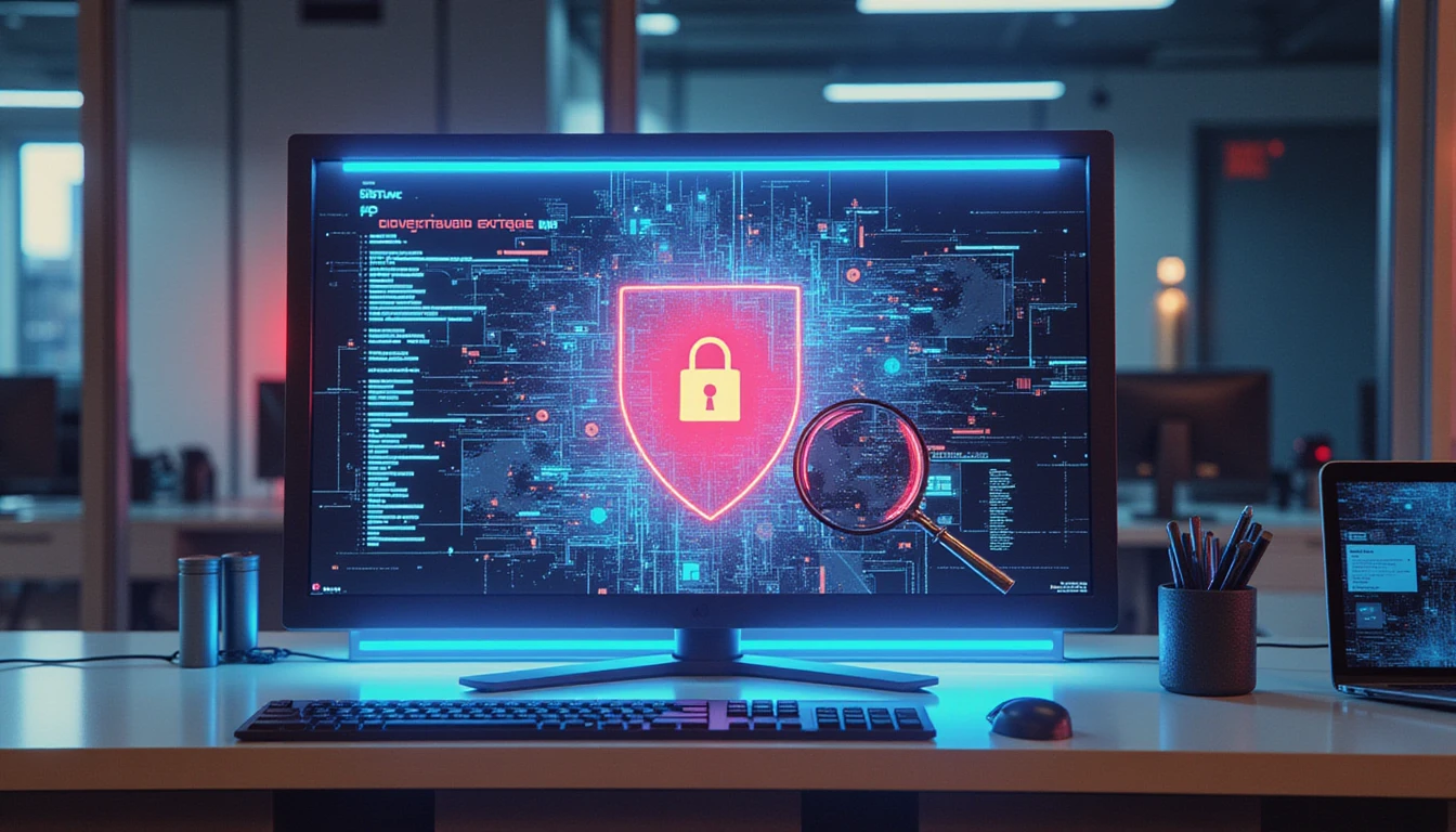 Futuristisches Büro mit Neonschild und Lupe über einem digitalen Raster, als Symbol für Cybersicherheit, Betrugserkennung und KI-Technologie.