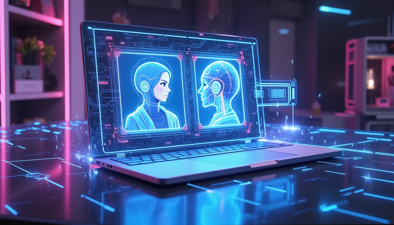 Futuristisches, neonbeleuchtetes digitales Schild, das Online-Dating-Profile schützt, mit KI-gesteuerten Hologrammen, die Daten zur Betrugserkennung analysieren.