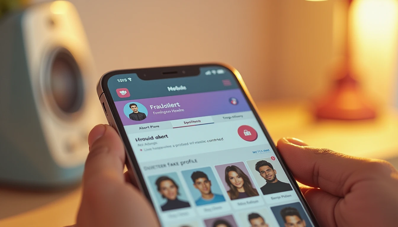 Auf einem Smartphone-Bildschirm wird eine Dating-App mit Profilbildern und einer KI-Betrugswarnung angezeigt, die im Licht der goldenen Stunde warm leuchtet.