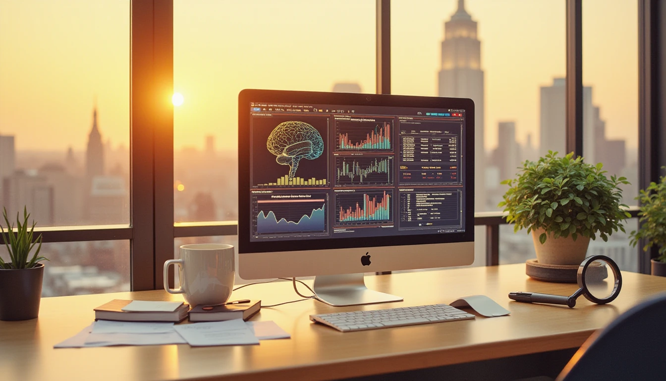 Ultrarealistische Makroaufnahme eines futuristischen Arbeitsplatzes in einem Versicherungsbüro während der goldenen Stunde, mit KI-gesteuerter Technologie auf einem leuchtenden Desktop-Bildschirm.