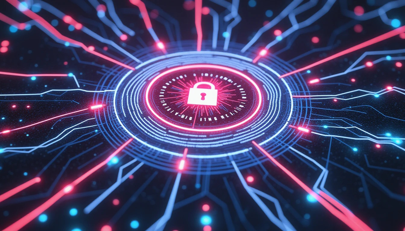Abstraktes futuristisches Design, das automatisierte Versicherungsinnovationen mit leuchtenden Neonmotiven, sicheren Datensymbolen und fließenden digitalen Netzwerken symbolisiert.