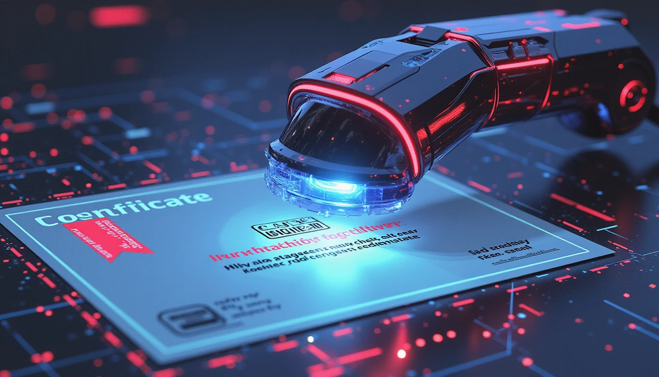 Futuristischer Scanner analysiert ein gefälschtes Zertifikat mit neonblauen und roten Akzenten, schwebenden Datenpartikeln und komplizierten digitalen Mustern.