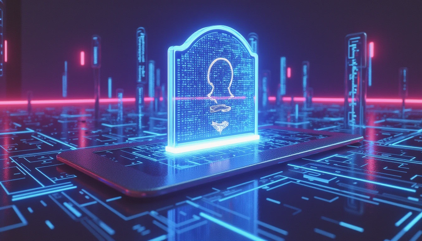 Futuristic AI-driven security system with a glowing digital shield detecting and removing fraudulent profiles on an online dating platform.