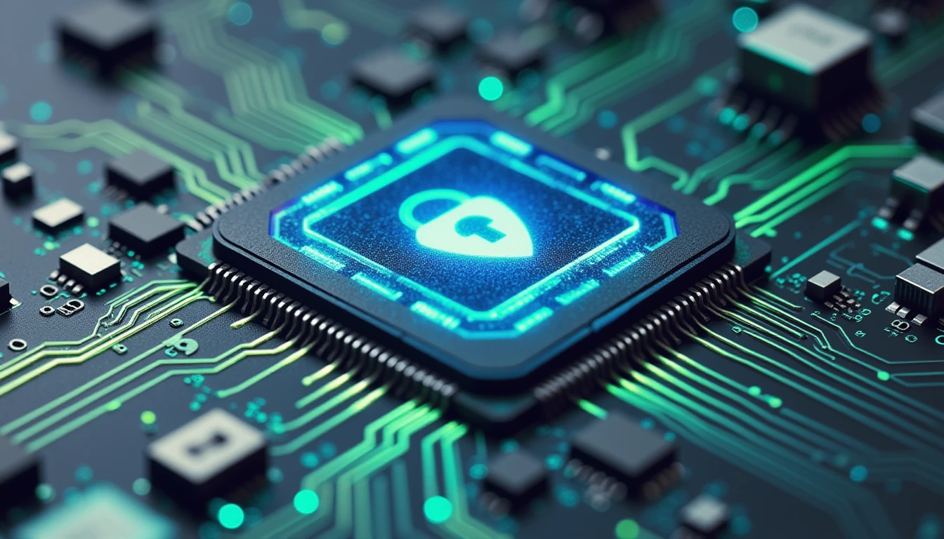 Futuristic macro-style AI circuit board glowing neon blue and green, overlayed with a digital shield icon and blurred insurance document backdrop.