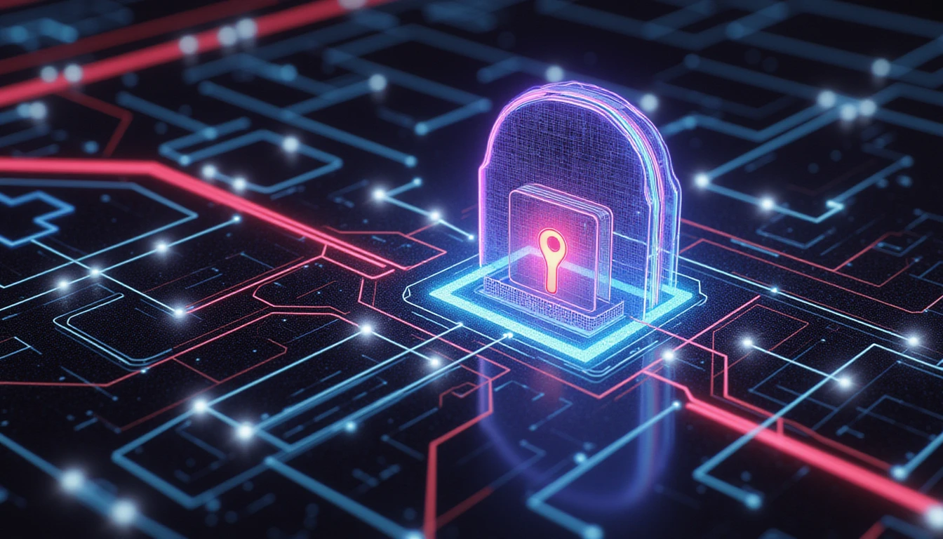 Abstrakte Visualisierung digitaler Sicherheit mit neonbeleuchteten Datenströmen, die eine Barriere bilden und die KI-Betrugserkennung in einem futuristischen Design hervorheben.