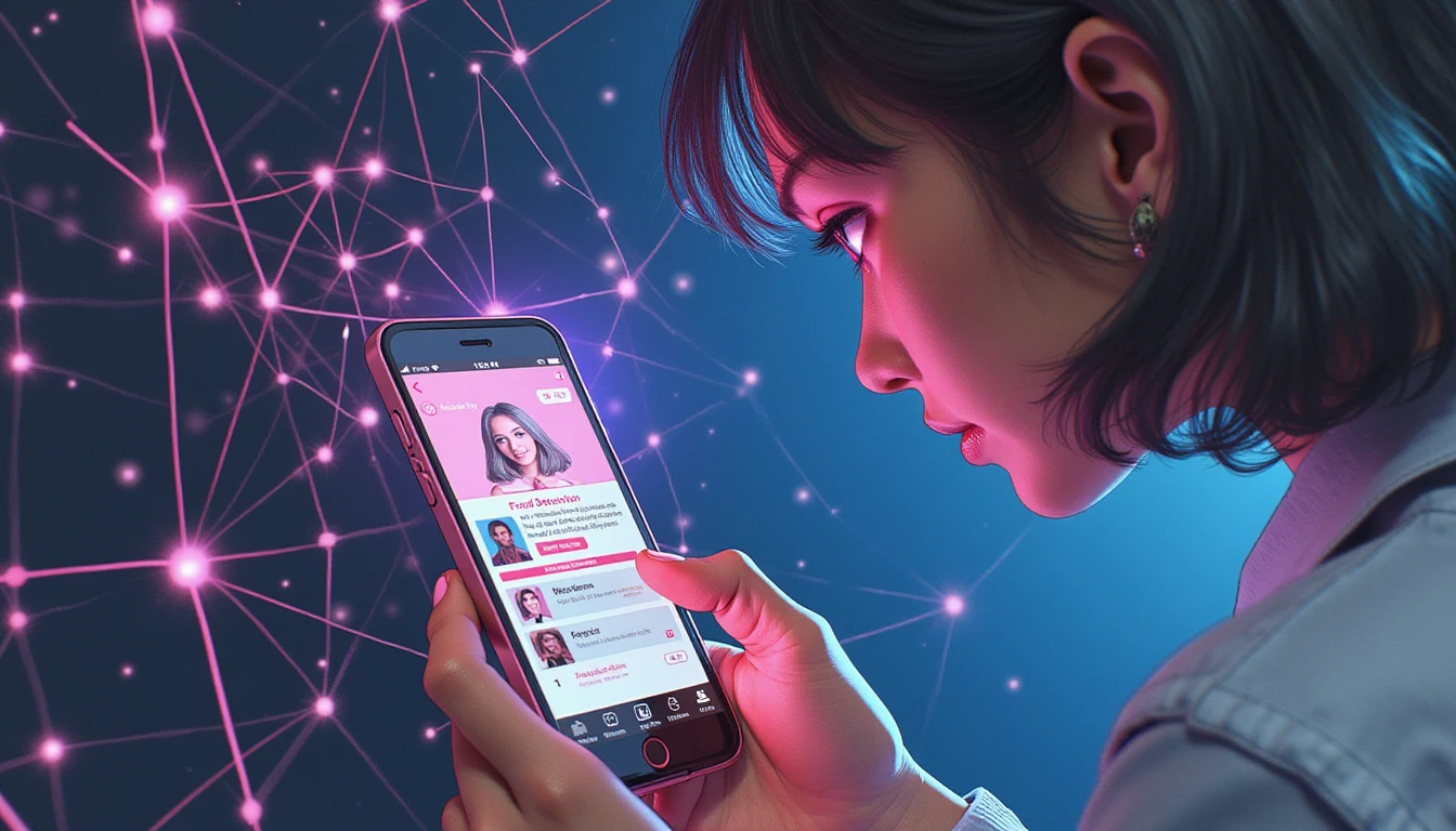Futuristische Szene einer Smartphone-Dating-App mit KI-Betrugserkennung, Neon-Interface und abstraktem digitalen Sicherheitsnetzwerk.