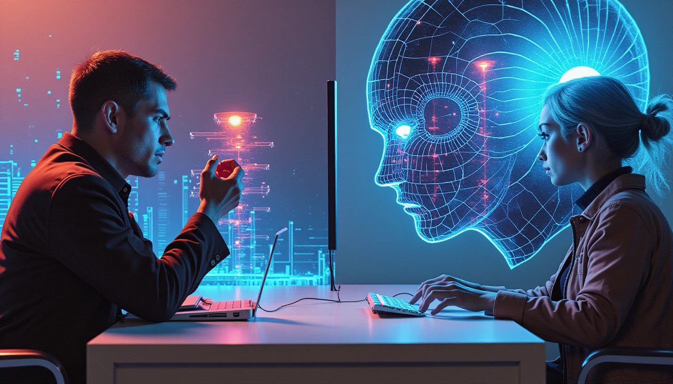 Insurance professionals discussing digital security with a neon-lit AI fraud detection interface, glowing data streams, and shifting facial features.