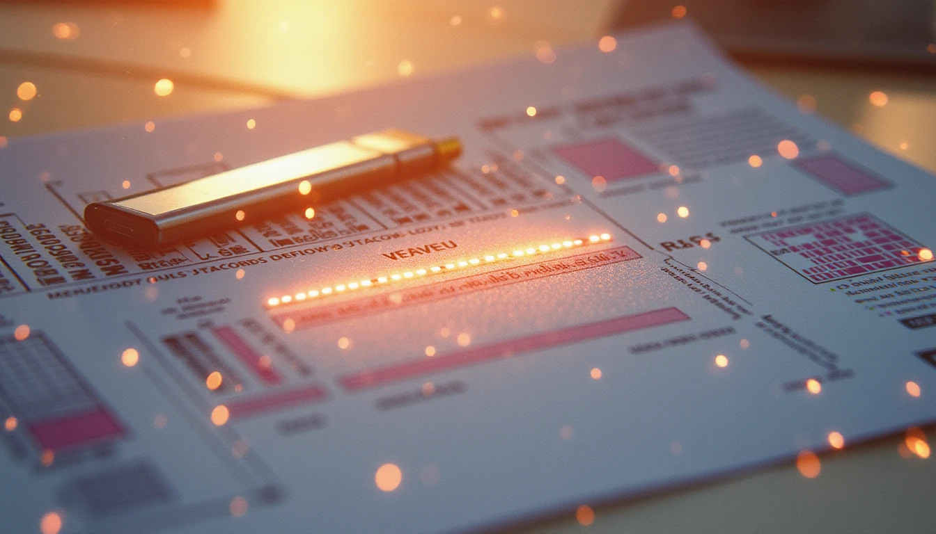Futuristische, KI-gestützte Schnittstelle zur Betrugserkennung über einem leuchtenden Versicherungsdokument, mit Gittern und Mustern im Licht der goldenen Stunde.