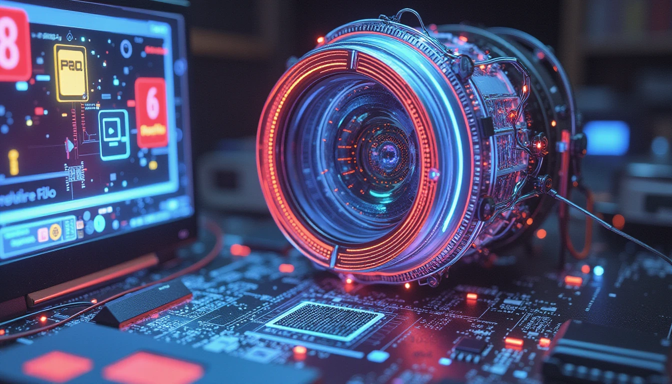 Futuristic AI lens analyzing multimedia data for deepfake detection, surrounded by neon circuits, holograms, and fragmented digital images.
