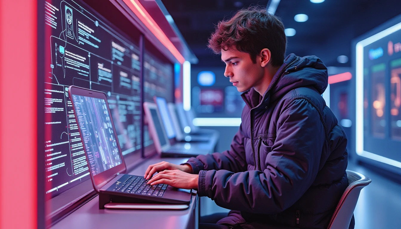 Person, die eine High-Tech-Dating-Plattform verwendet, umgeben von neonbeleuchteten KI-Sicherheitsbildern, die Identitätsüberprüfung und Betrugserkennung symbolisieren.