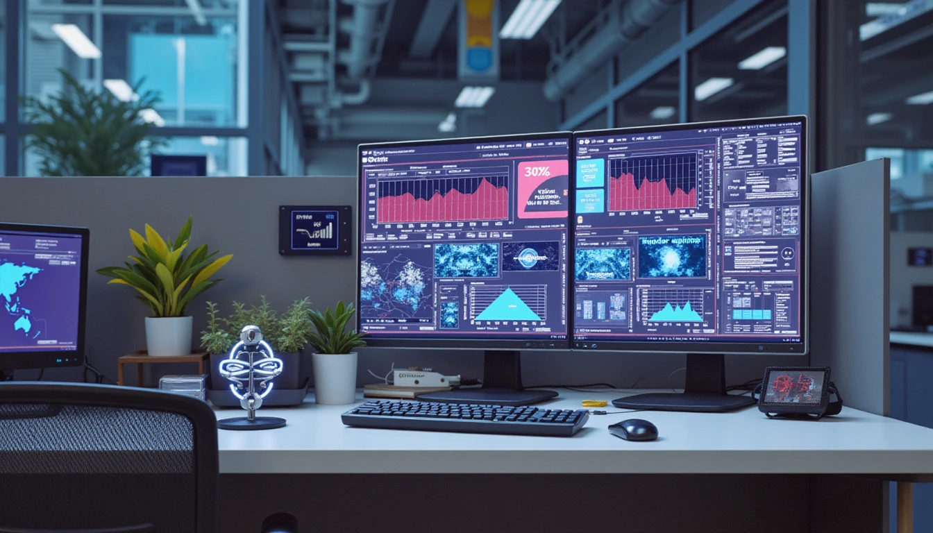 Futuristic office scene with neon-lit data streams, high-tech interface analyzing images, and glowing icons for compliance and fraud detection.