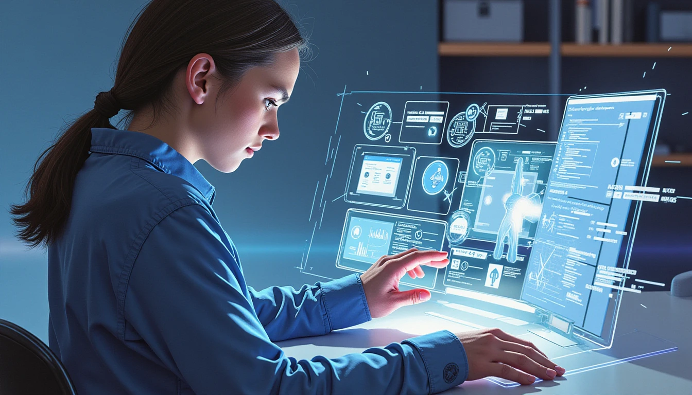 Ein digitaler Schadensanalyst überprüft ein holografisches Display mit KI-gesteuerten Betrugserkennungs-Einblicken in einem futuristischen, hochmodernen Büro.
