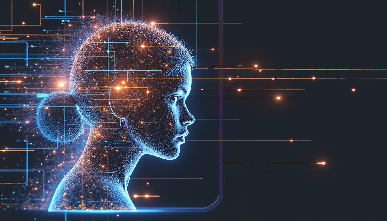 Futuristic AI-driven security visualization showing a dissolving human silhouette with pixelated fragments, scanning lines, and algorithmic patterns detecting deepfake inconsistencies in online dating.