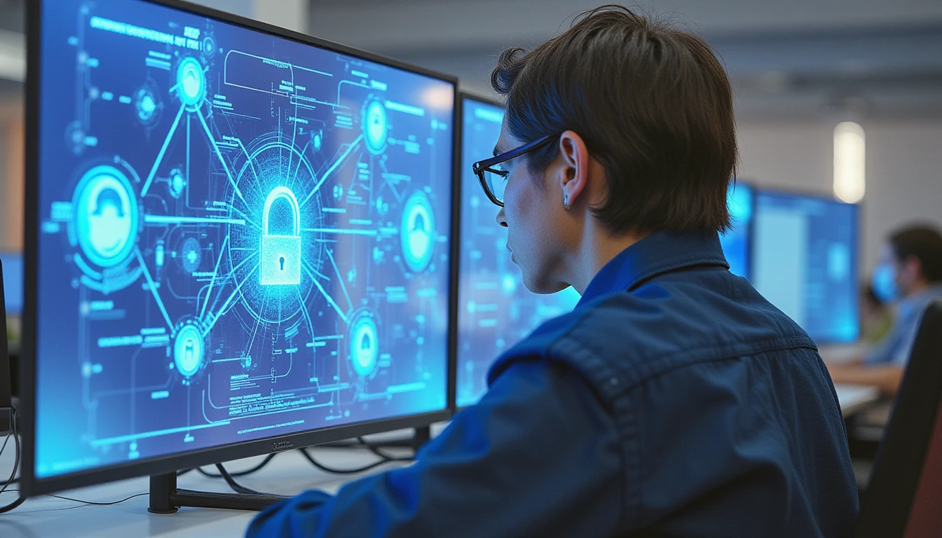 Professioneller Versicherungsmitarbeiter analysiert digitale Schadensdaten auf holografischen Bildschirmen mit einem neonleuchtenden Betrugserkennungssystem-Overlay.