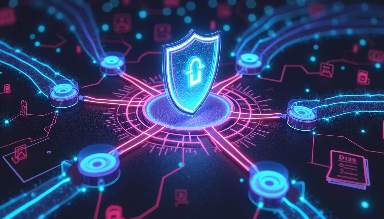Futuristic AI system analyzing images for insurance fraud detection, featuring glowing neural networks, data nodes, and a digital shield.