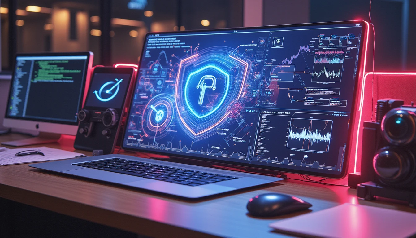 Futuristic office with neon glow, showcasing advanced fraud detection analytics, glowing security visuals, and cutting-edge insurance tech.