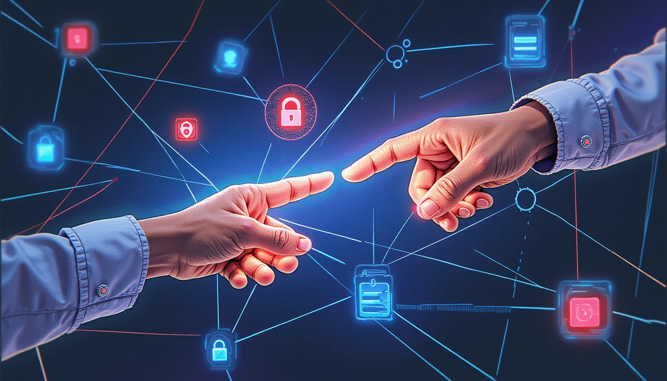 Futuristische Darstellung der Zusammenarbeit in der Versicherungsbranche mit leuchtenden Händen, KI-Symbolen, Sicherheitsschilden und Binärcode, der Innovation symbolisiert.