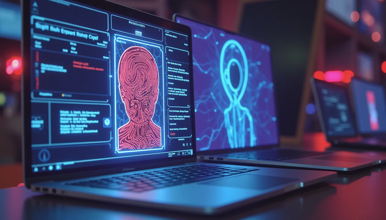 Futuristic AI-powered digital security for online dating with neon-lit biometric scans, cyber verification, and fraud detection algorithms.