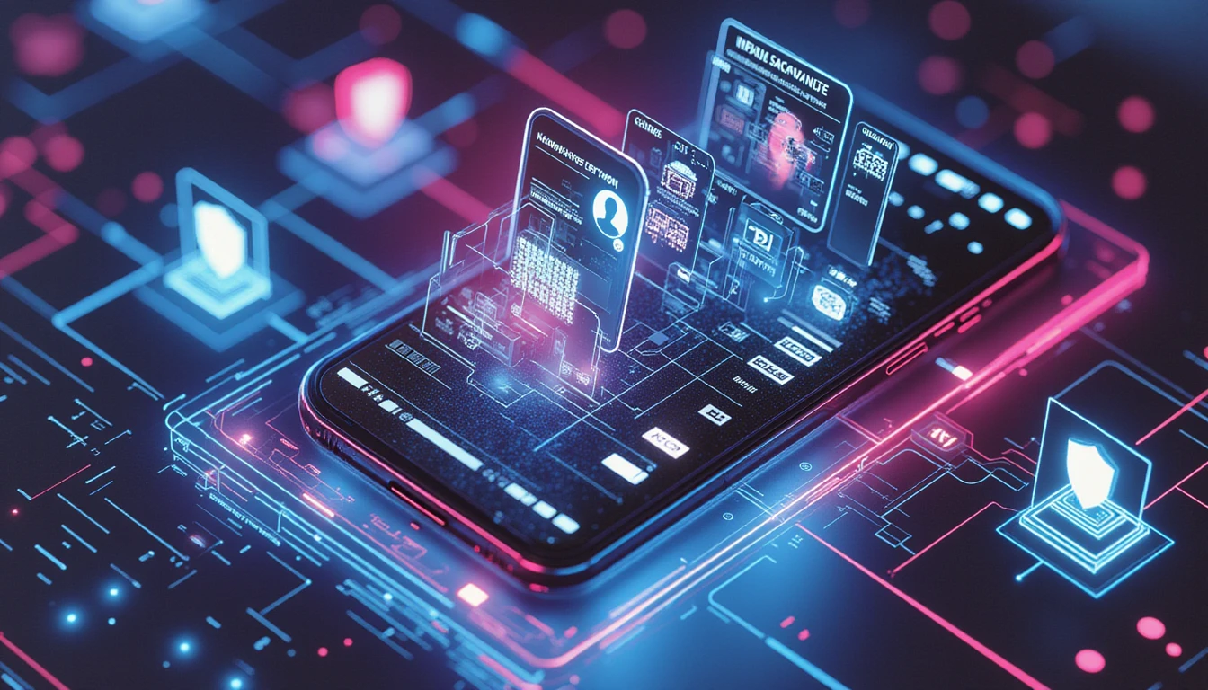 A high-tech smartphone displays a verified dating profile, surrounded by neon-lit cybersecurity icons and a holographic fraud scanning system.