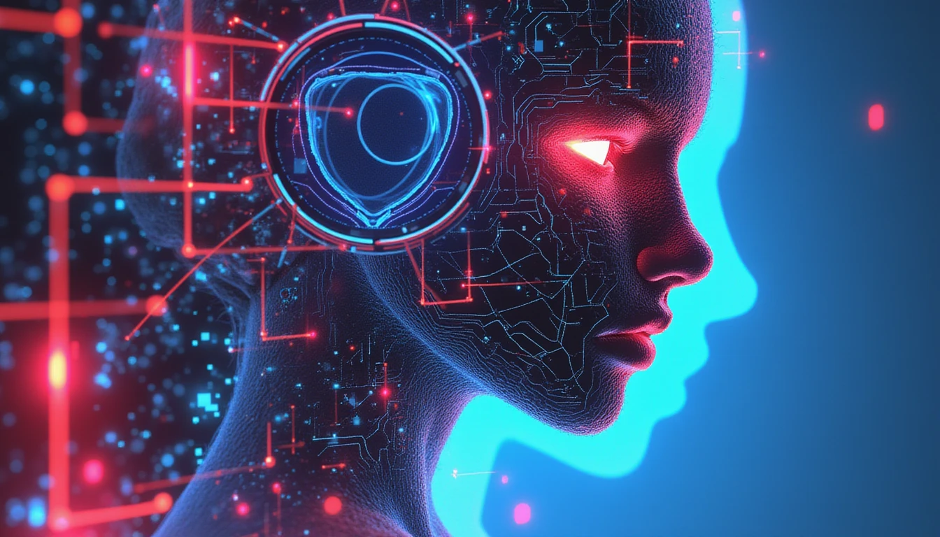 Neon-glowing digital shield over AI-generated profile, symbolizing AI-powered fraud detection in online dating with cybernetic patterns.