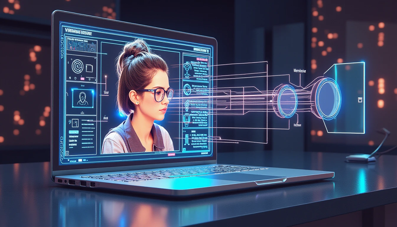 Futuristische Neonoberfläche analysiert Online-Dating-Profile mit KI, hebt Betrugserkennung und Sicherheit durch Gesichtserkennung hervor.