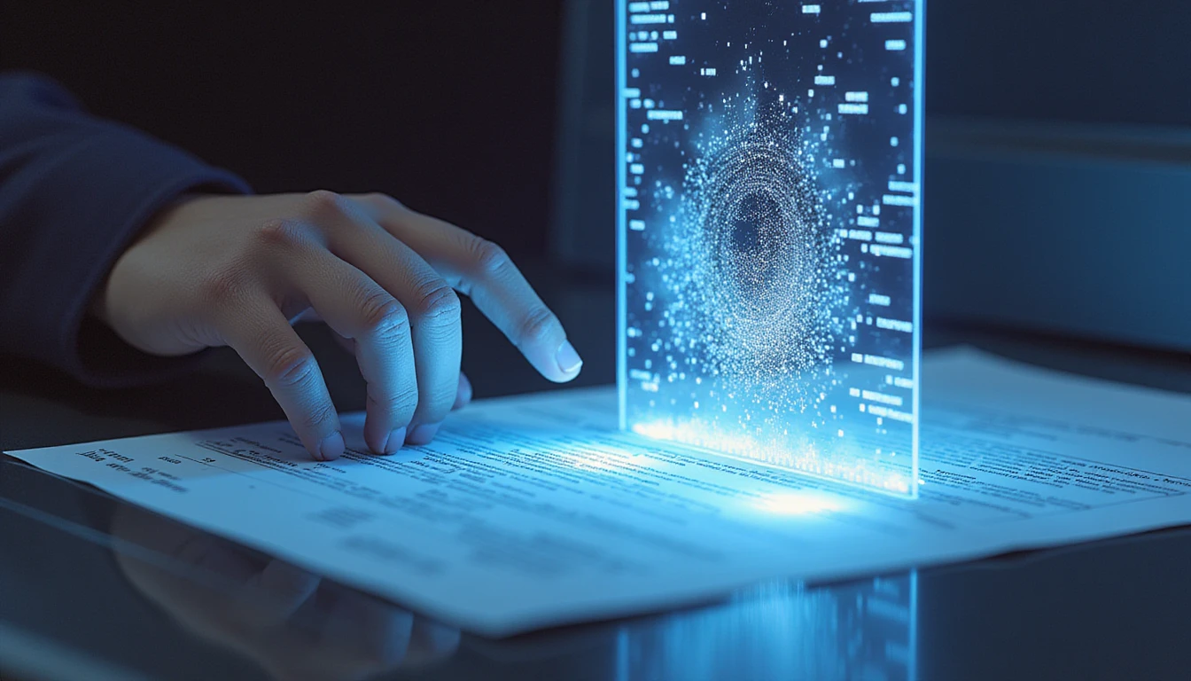 Futuristisches Konzept von Automatisierung und Sicherheit in der Versicherung mit einem leuchtenden Scanner über einem digitalen Dokument mit holografischen Mustern.