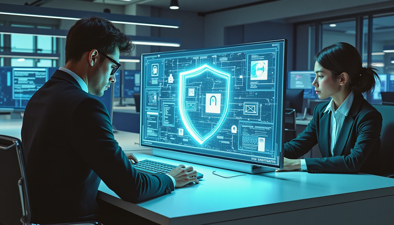 Futuristic insurance office with professionals using holographic screens, biometric graphics, and AI fraud detection with a glowing security shield.