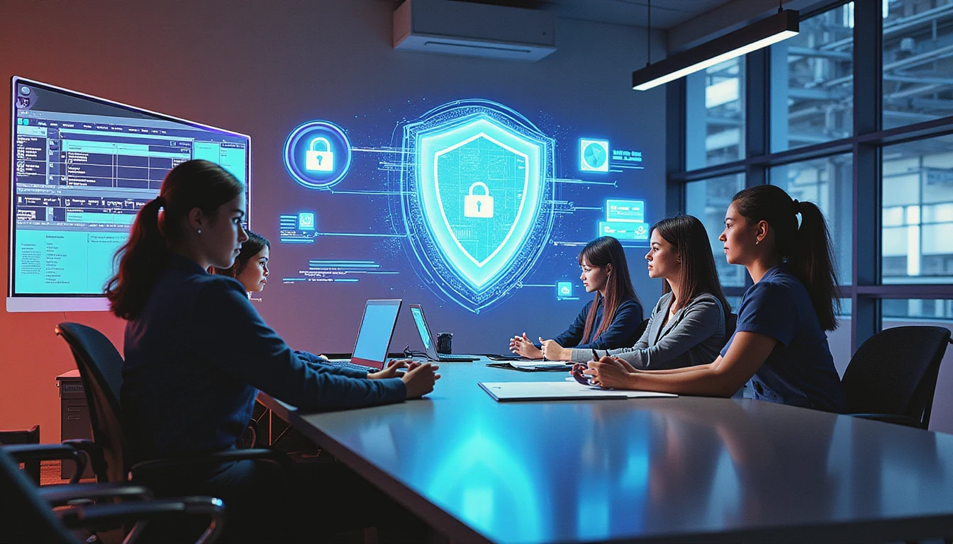 Diverse team in a modern insurance office training with holographic AI tools, neon digital shield symbolizing security, trust, and fraud prevention.